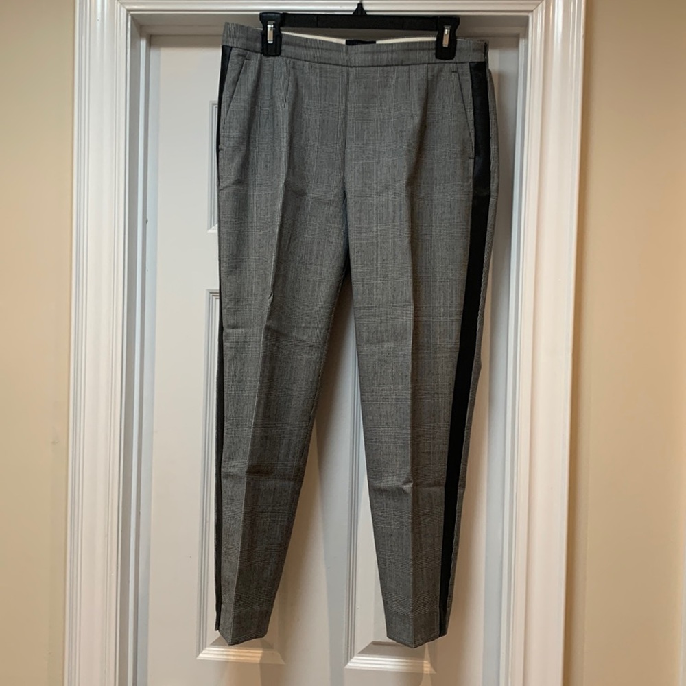 J. Crew Black & White Glen Check Pants With Leather Trim